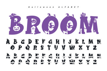 Halloween font mystery type, horror alphabet typeface vector typography set with spooky holiday monsters silhouettes. Spooky alphabet letters and numbers with Halloween pumpkin, bats, ghosts, zombie
