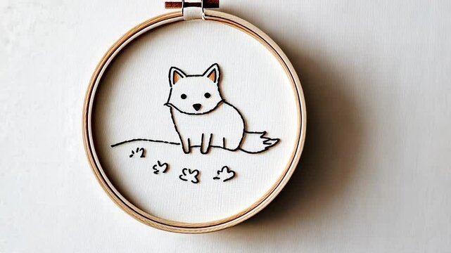 White Fox Embroidery Hoop Art