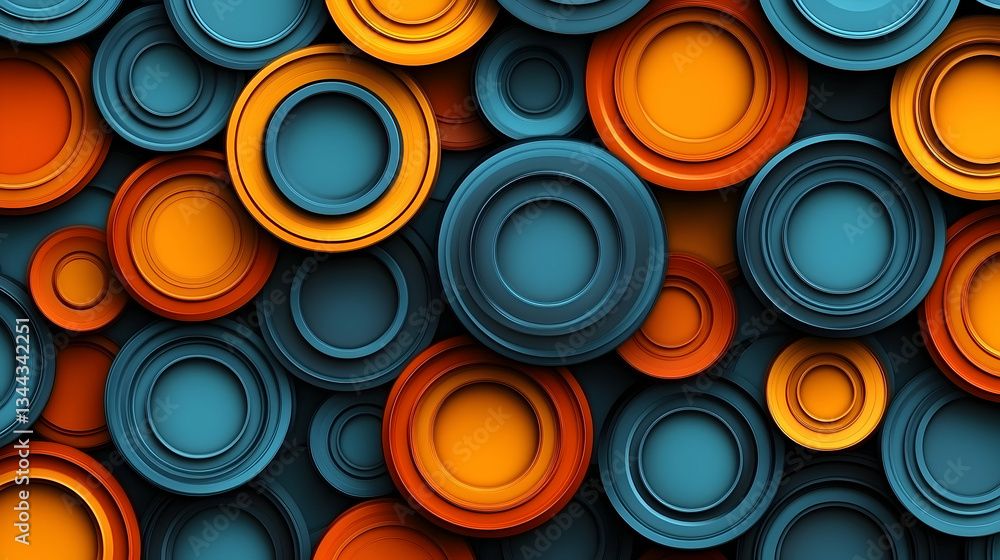 Poster abstract background with overlapping concentric circles in shades of orange and teal. visually appea