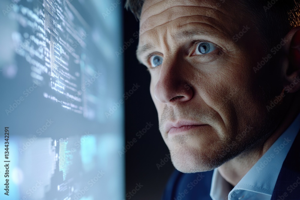 Poster a pensive man intensely studies complex data displayed on a large screen, deeply engrossed in the in
