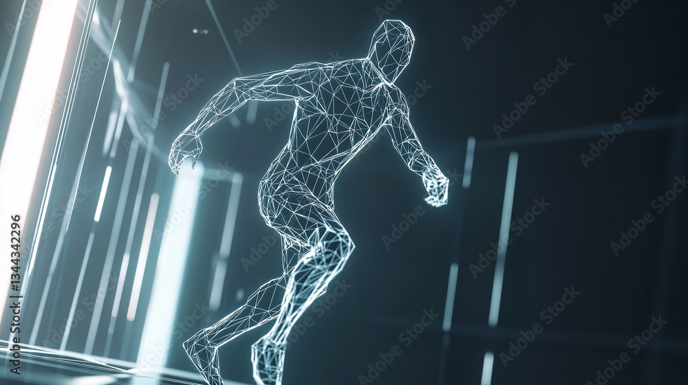 Poster abstract digital human running futuristic network technology 3d art mesh data lines speed clean