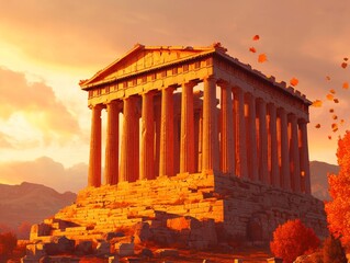 Obraz premium Golden Hour at the Ancient Temple Greece Landscape Photography Sunset Glow Majestic View Peaceful Atmosphere