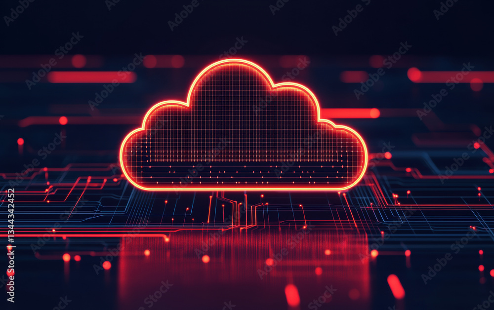 Poster cloud computing infrastructure with glowing design and digital circuits, showcasing technology
