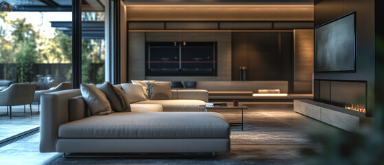 Fototapeta premium modern living room featuring sleek design with comfortable sofa, minimalist decor, and cozy fireplace. space is illuminated by natural light, creating warm and inviting atmosphere