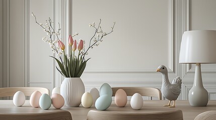 Easter eggs with flowers and chicken decor on table in bright room, interior design