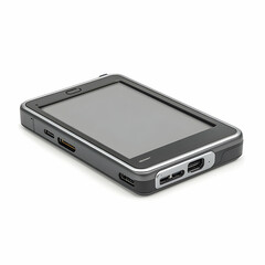 Gray smartphone angled view, ports visible, white background, technology product shot