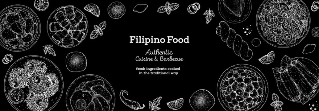 Filipino food top view vector illustration. Food menu design template. Hand drawn sketch. Filipino food menu. Vintage style.