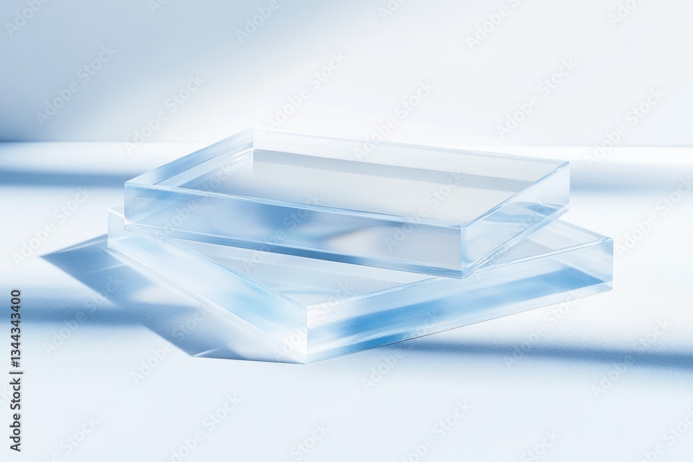 Poster two translucent rectangular blocks stacked on a light blue surface, illuminated by soft light creati