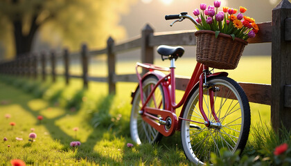 Fototapeta premium a classic red retro bicycle leaning against a rustic wooden fence, its front basket overflowing with colorful spring flowers