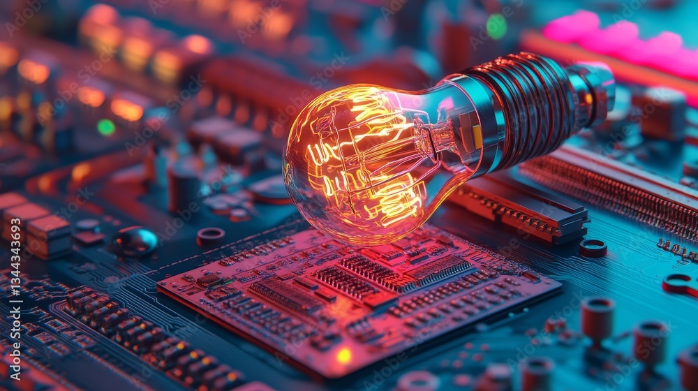 Poster a lightbulb symbol on a microchip represents the innovation technology concept, with white neon data