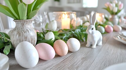 Easter decor on the table with rabbit, eggs, flowers, candles, for holidays, family