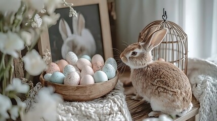 Easter rabbit next to eggs and vintage cage, floral background for holiday cards