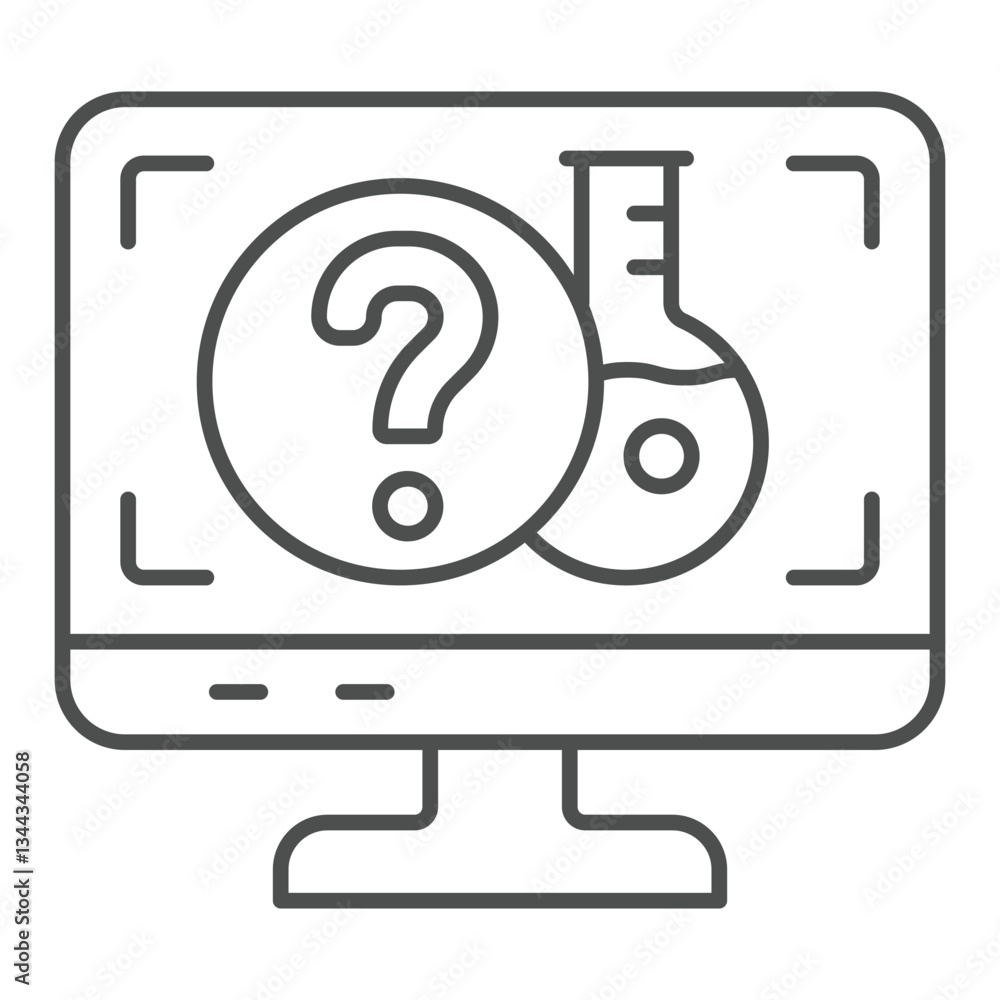 Poster monitor screen with question mark and flask thin line icon, clinical research concept. vector graphi
