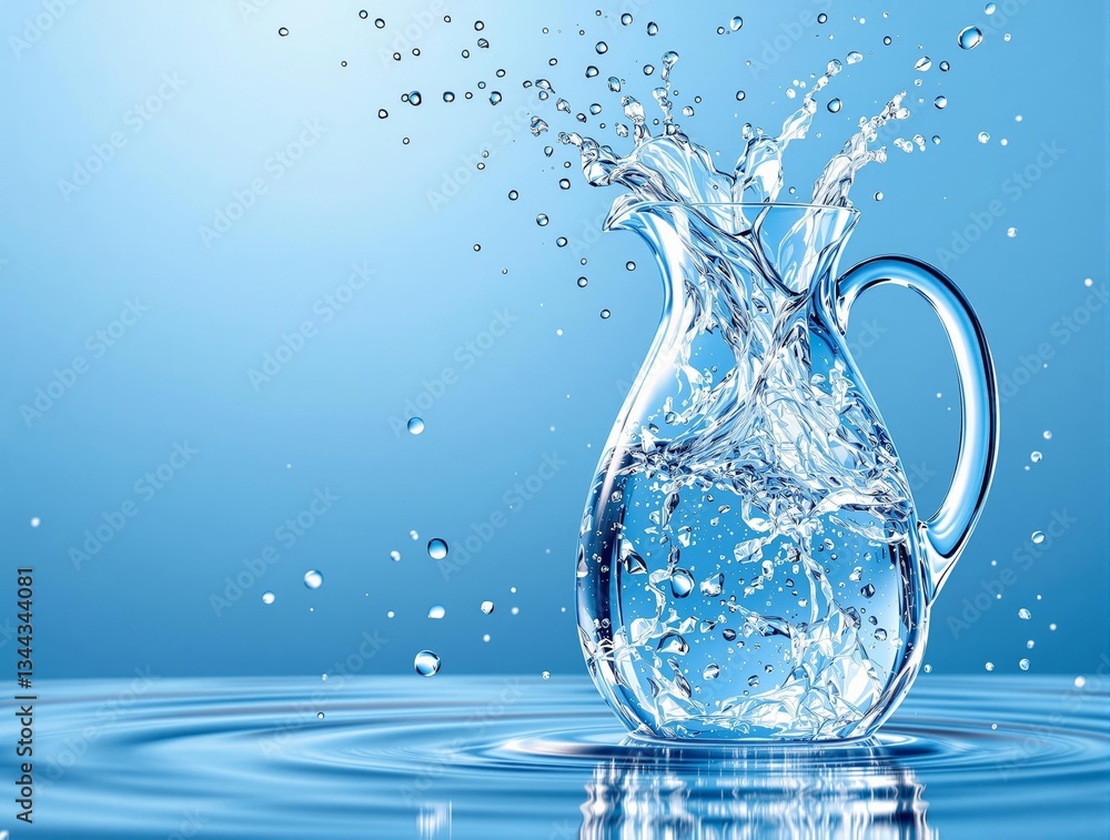 Poster a clear glass jug filled with water, suspended in mid-air, against a vivid blue background. the wate