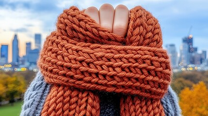 Close Up of Hands Holding a Chunky Knit Scarf Against a Blurred Cityscape