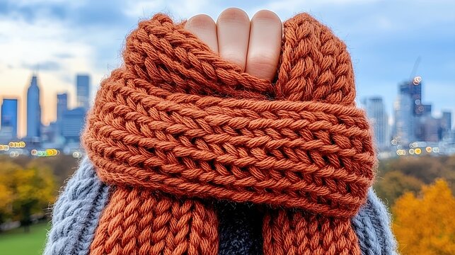 Close Up of Hands Holding a Chunky Knit Scarf Against a Blurred Cityscape