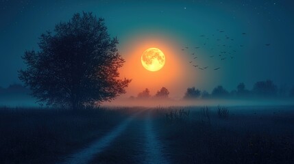 Fototapeta premium Serene Night Landscape with Full Moon and Misty Pathway Under Starry Sky