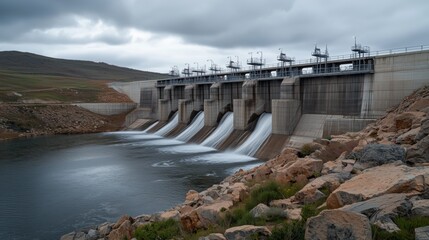 Massive concrete dam with powerful spillways releasing water. Hydroelectric power plant with gushing water in mountainous landscape