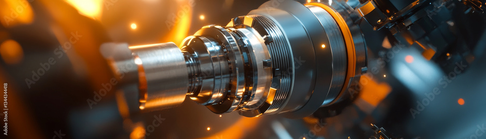 Poster close up view of precision lathe component, showcasing intricate metalwork and mechanical details. w
