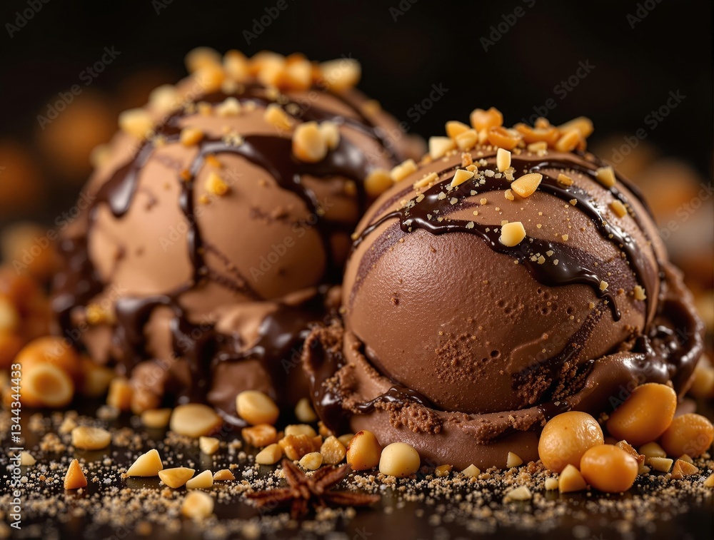 Poster a close-up of two scoops of chocolate ice cream topped with hazelnuts, set against a blurred backgro