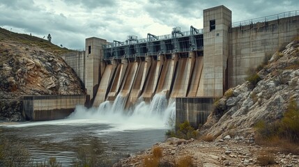 Massive concrete dam with powerful spillways releasing water. Hydroelectric power plant with gushing water in mountainous landscape