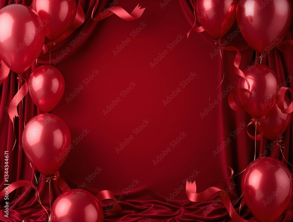 Poster A vibrant red background adorned with a multitude of glossy red balloons and cascading red ribbons, creating a festive atmosphere.