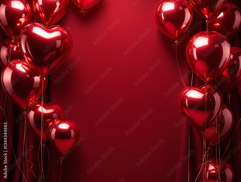Poster A vibrant red background adorned with numerous glossy, heart-shaped balloons, each with a reflective quality that catches the light, creating a visually captivating contrast.