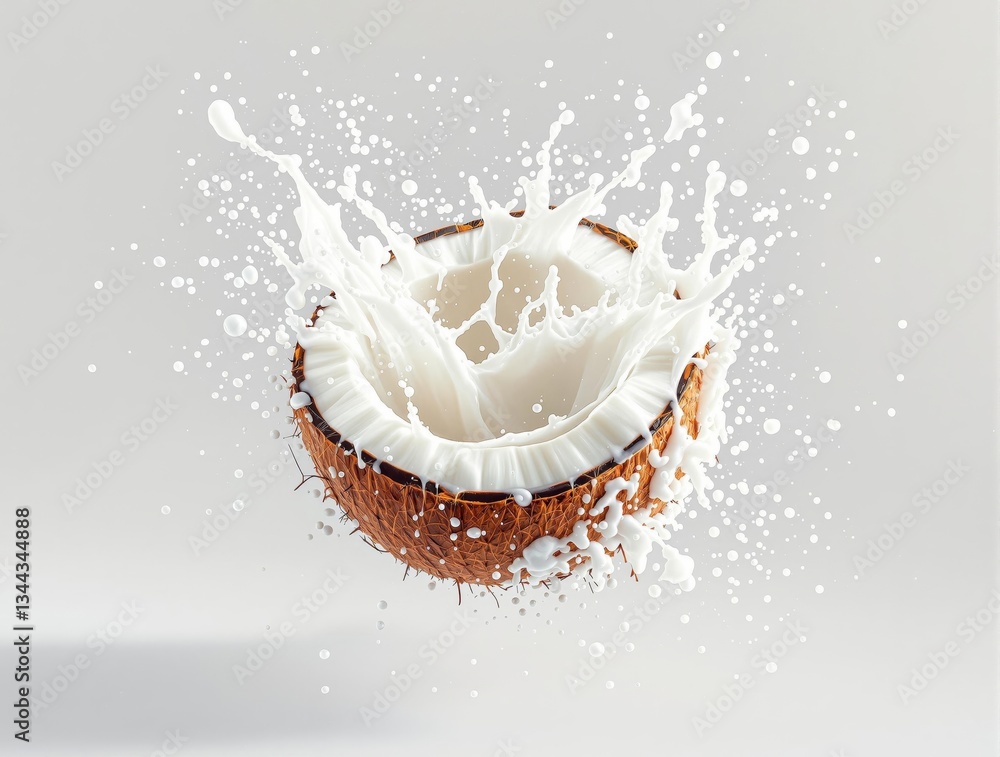 Poster a coconut in the center of a white background, with a splash of white liquid, likely coconut milk, c