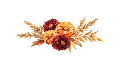 Autumn floral bouquet with red and yellow flowers for decor and greeting cards