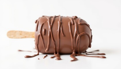 Obraz premium A stick of kulfa ice cream coated in chocolate with a drizzle of chocolate sauce, resting on a white background, with a glossy finish that makes it look mouthwateringly delicious.