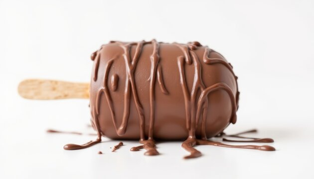 A stick of kulfa ice cream coated in chocolate with a drizzle of chocolate sauce, resting on a white background, with a glossy finish that makes it look mouthwateringly delicious.
