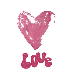 Watercolor pink heart with the inscription Love. A romantic element for decorating gifts. Sticker with love. vector creative illustration