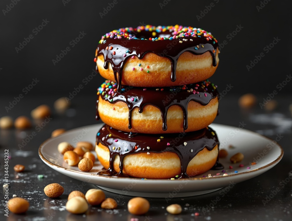 Poster A stack of three glazed donuts, each generously drizzled with a glossy chocolate glaze and sprinkled with colorful sprinkles. The donuts are placed on a plate, with a few hazelnuts scattered on the su