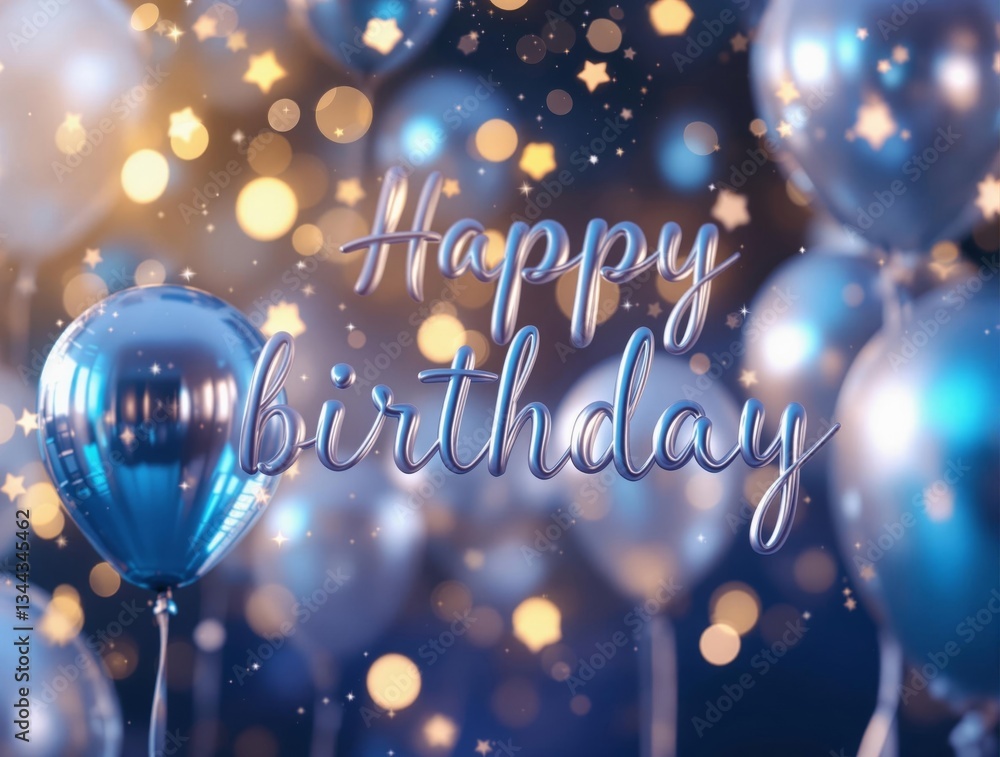 Poster a vibrant and festive scene with a 'happy birthday' card in the foreground, surrounded by shimmering