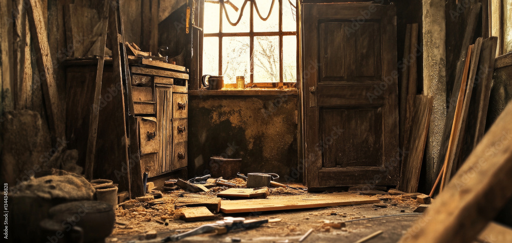 Poster rustic workshop filled with wooden tools, scattered sawdust, and array of materials. sunlight stream