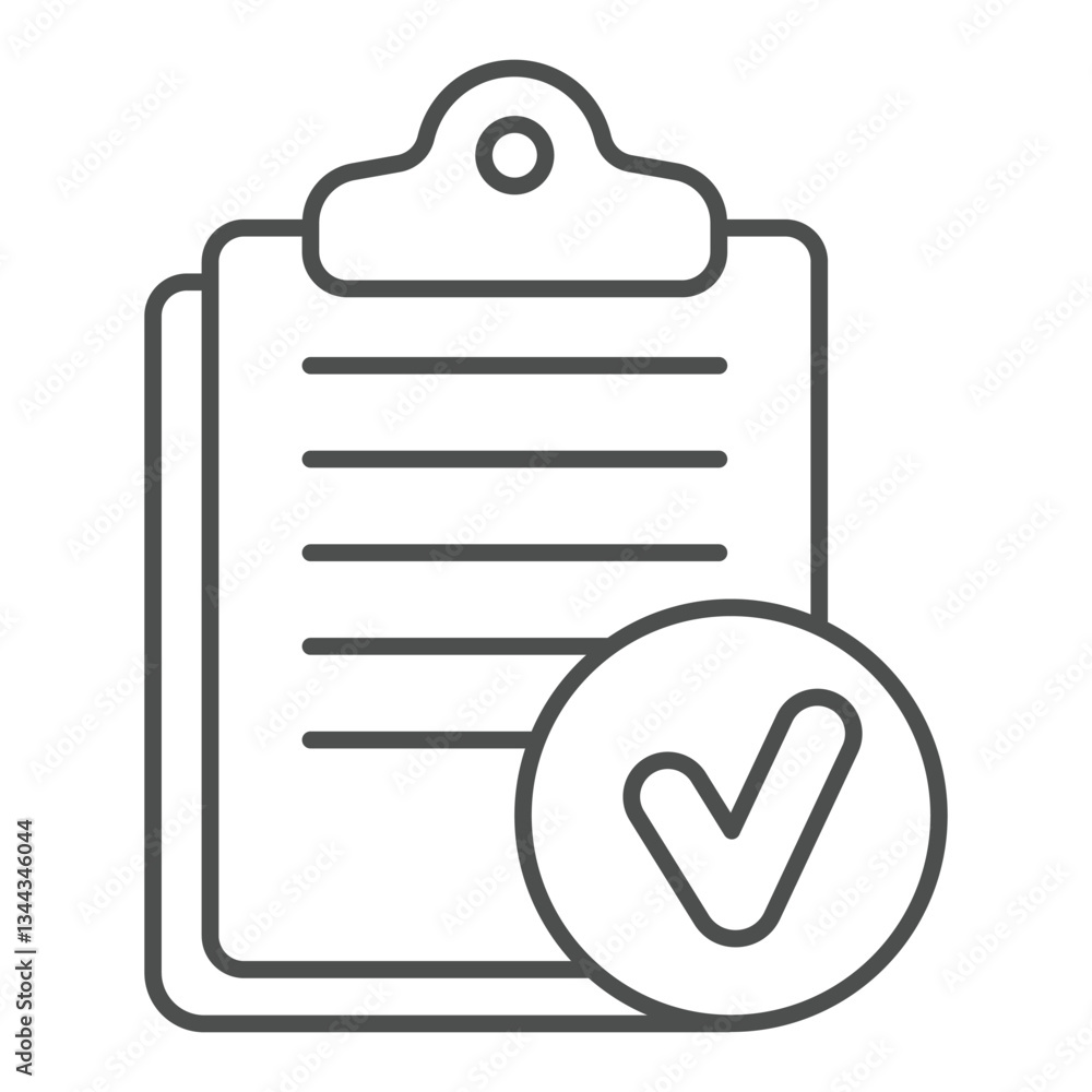Poster clipboard with notes and approval emblem thin line icon, clinical research concept. vector graphics.