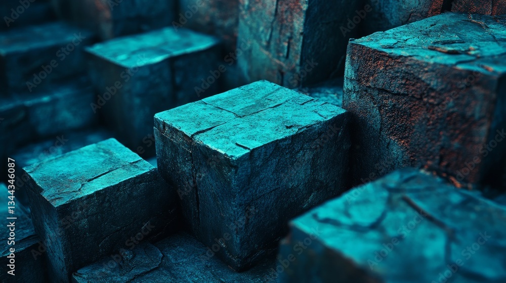 Poster a futuristic tech setting featuring neatly arranged translucent cubes, rendered in blue and 3d
