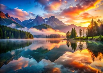 Serene Mountain Lake Landscape at Dawn, Misty Sunrise over Calm Water,  Peaceful Nature Scene, Scenic Vista