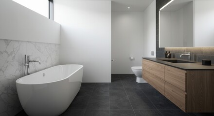 Modern Bathroom Interior Design with Bathtub, Vanity and Minimalist Style