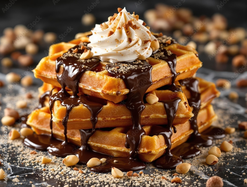 Poster A close-up of a stack of waffles topped with a generous dollop of whipped cream and a drizzle of chocolate sauce. The waffles have a golden-brown hue, and the chocolate sauce is a deep brown. 