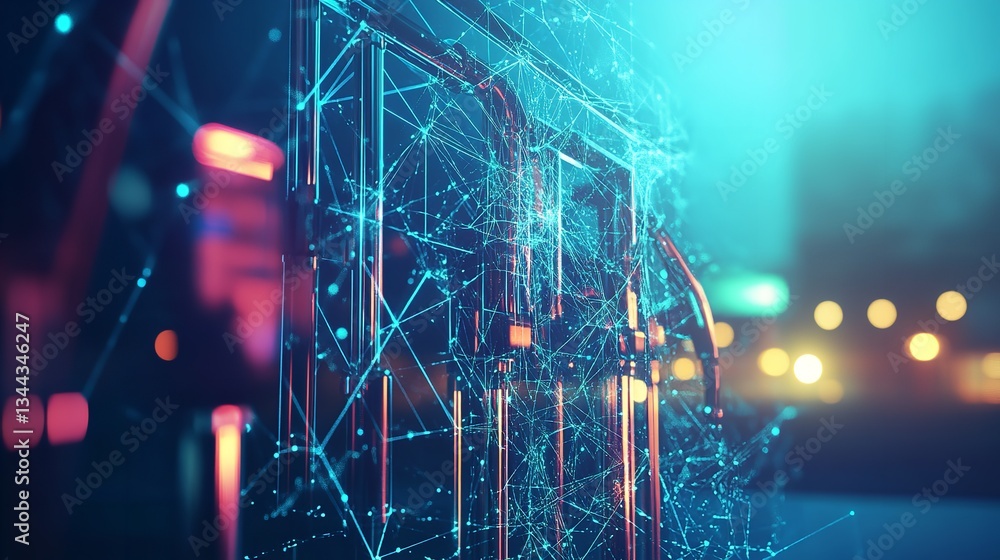 Poster abstract digital network structure cityscape background modern technology web art data blue neon