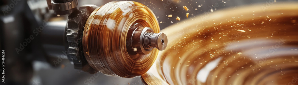 Poster close up of lathe machine in action, showcasing intricate process of carving wood. spinning motion c