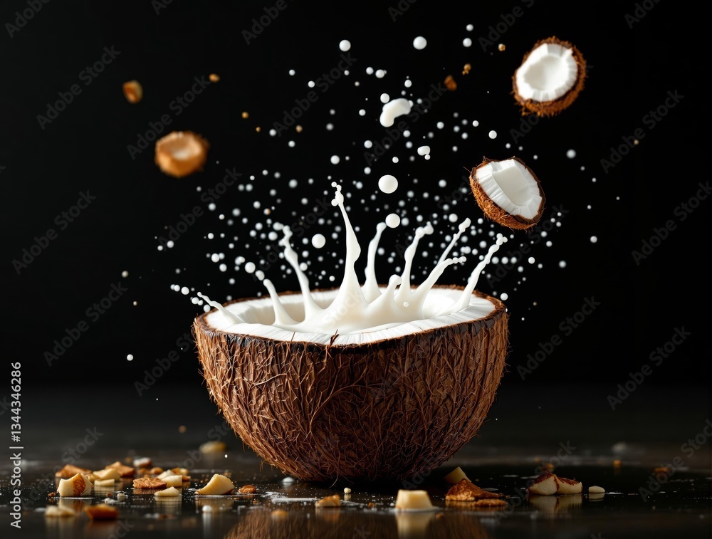 Poster a close-up shot of a coconut with a splash of coconut milk, set against a dark background. the cocon