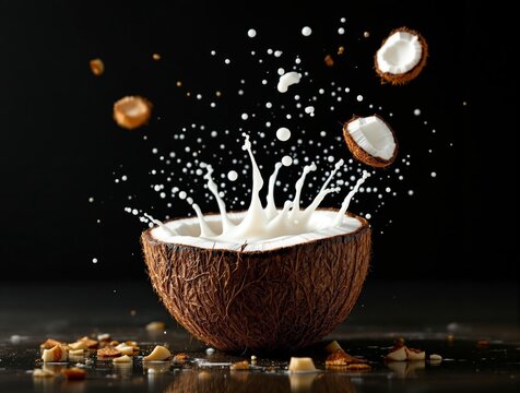 A close-up shot of a coconut with a splash of coconut milk, set against a dark background. The coconut is the main subject, with its white and brown hues contrasting against the dark backdrop. The mil