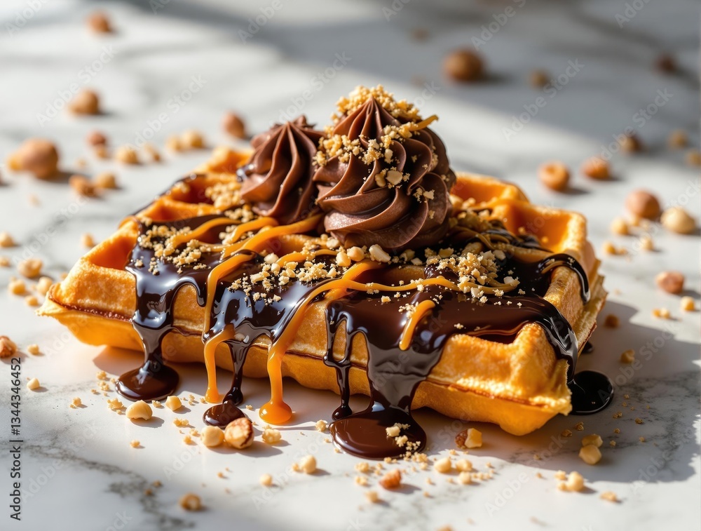 Poster a close-up of a waffle topped with chocolate sauce and nuts, set against a blurred background. the w