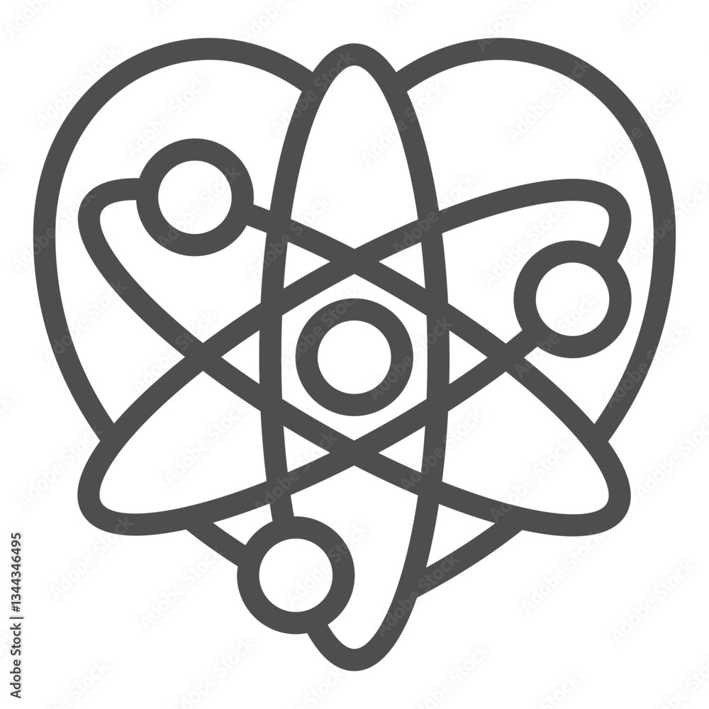 Poster heart shape with atom structure line icon, laboratory experiment concept. vector graphics. chemistry