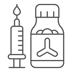 Fototapeta premium Vial bottle with syringe thin line icon, clinical research concept. Vector graphics. Experimental medicine test jar sign on white background, outline style icon for mobile or web design.