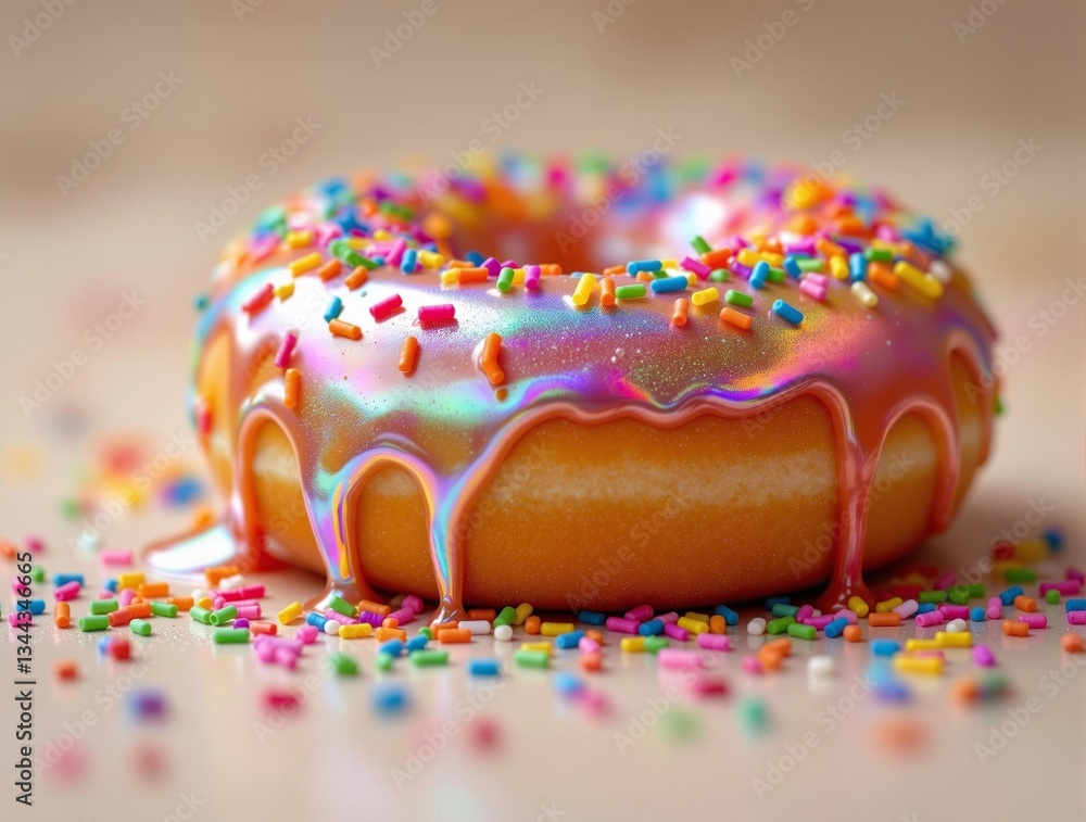 Poster a close-up of a glazed donut adorned with colorful sprinkles, set against a blurred background.