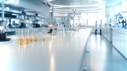 Advanced laboratory setup featuring glassware and scientific instruments in a modern workspace