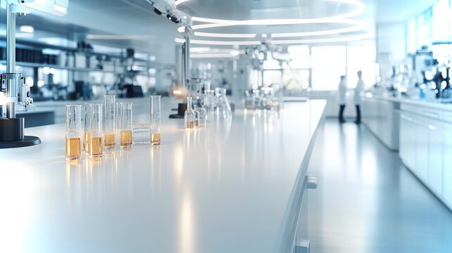 Advanced laboratory setup featuring glassware and scientific instruments in a modern workspace